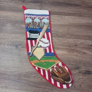 Vintage Needlepoint Christmas Stocking Baseball Sports 18" Long